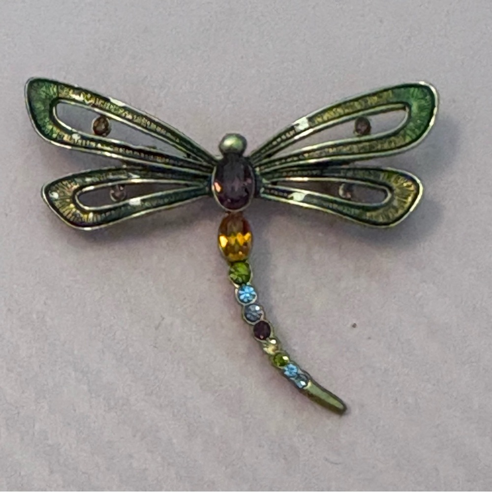 Vintage Monet Dragonfly brooch. Enamel and multi color rhinestones. Goldtone.